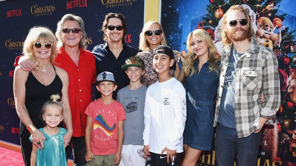 Goldie Hawn, Kurt Russell, Oliver Hudson, Erinn Bartlett, Meredith Hagner, and Wyatt Russell, (Bottom L-R) Rio Hudson, Bodhi Hawn Hudson, and Wilder Brooks Hudson attend "The Christmas Chronicles" Premiere on November 12, 2018 in Los Angeles, California