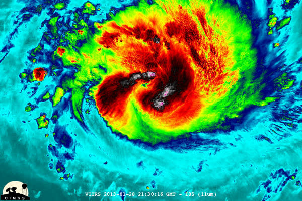 NASA-NOAA's Suomi NPP satellite captured this false-colored night-time image of Cyclone Felleng during the night on Jan. 28, 2013. Felleng is northwest of Madagascar. The image revealed some pretty cold overshooting tops and some interesting gr