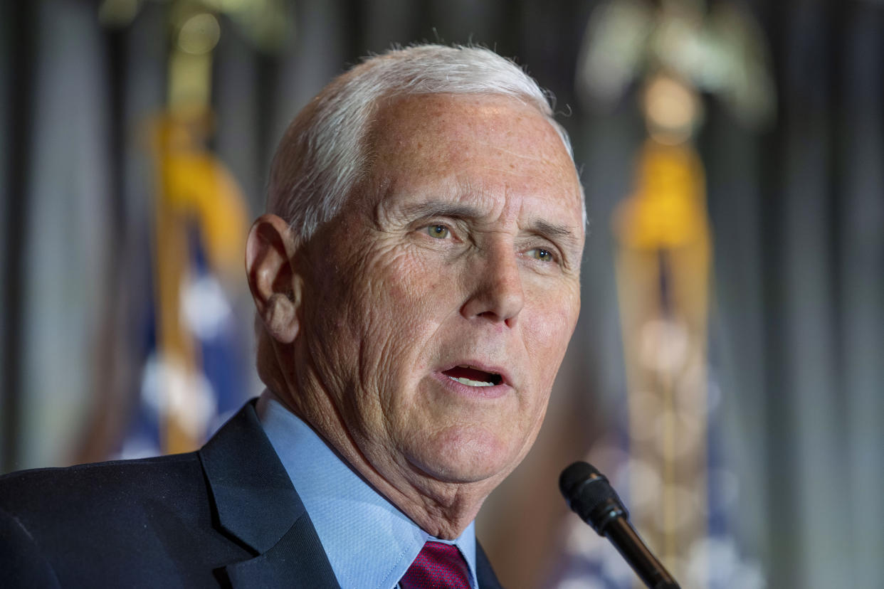 FILE - Former Vice President Mike Pence speaks at a Coolidge and the American Project luncheon in the Madison Building of the Library of Congress, Feb. 16, 2023, in Washington. A federal judge has ruled that Pence will have to testify before a grand jury. Pence was subpoenaed by the special counsel investigating efforts by former President Donald Trump and his allies to overturn the results of the 2020 election. That’s according to two people familiar with the ruling, who spoke on condition of anonymity because it remains under seal. (AP Photo/Alex Brandon, File)