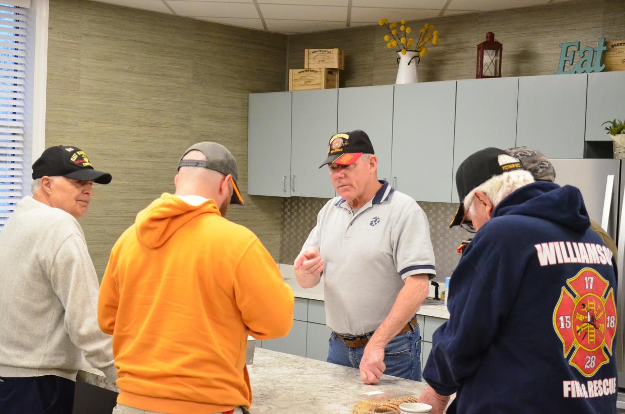 Marine Corps veterans meet at a Marine Corps League meeting in Fairview, Tenn., on March 23, 2022.