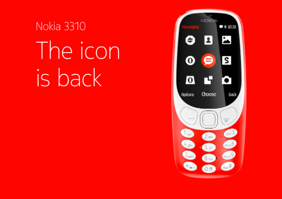 The Nokia 3310 is show in an advertisement with an orange background and the words, The icon is back.