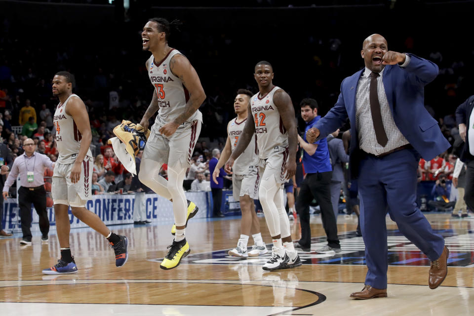 Virginia Tech guard Ahmed Hill celebrates after their win against Liberty during a second-round game in the NCAA men's college basketball tournament Sunday, March 24, 2019, in San Jose, Calif. (AP Photo/Jeff Chiu)