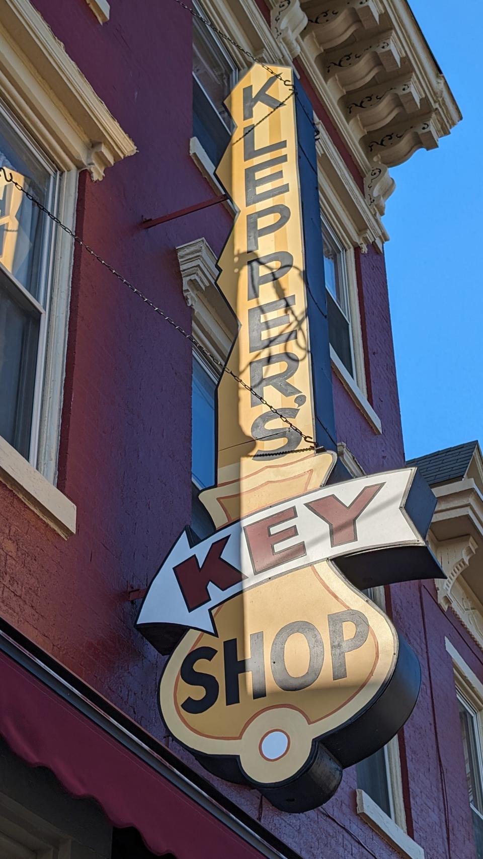 The Klepper's Key Shop sign hangs over the front door of Klepper's Security Source on April 17, 2024.
