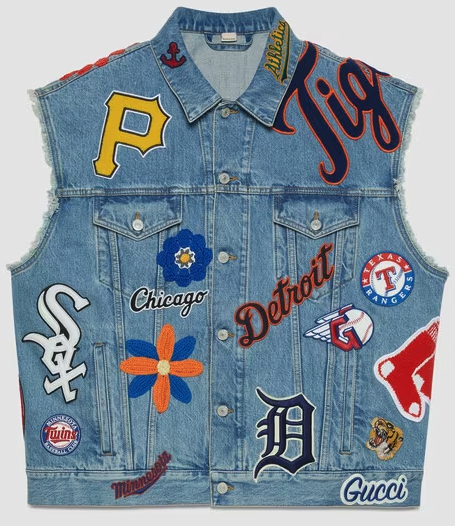 denim vest with patches of mlb team logos