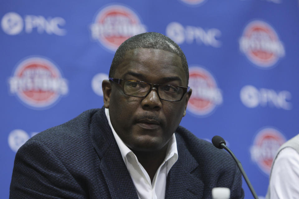 Detroit Pistons president of basketball operations Joe Dumars addresses the media at the team's practice facility in Auburn Hills, Mich., Saturday, June 25, 2011. (AP Photo/Carlos Osorio)