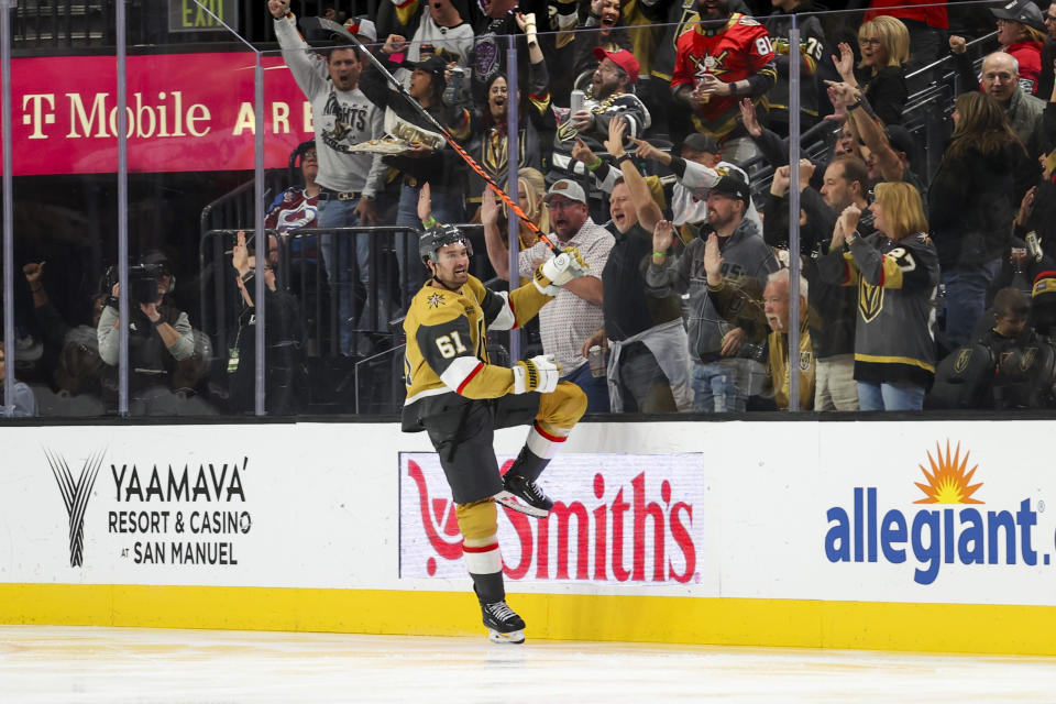 Vegas Golden Knights right wing Mark Stone (61) celebrates his second goal against the Colorado Avalanche, during the third period of an NHL hockey game Saturday, Nov. 4, 2023, in Las Vegas. (AP Photo/Ian Maule)