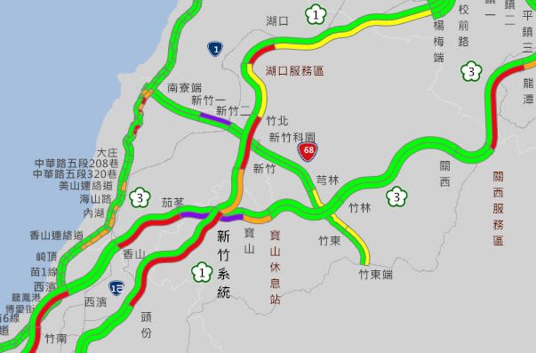 至初四凌晨國道仍有部分路段呈現紫爆及紅爆   圖:翻攝自1968