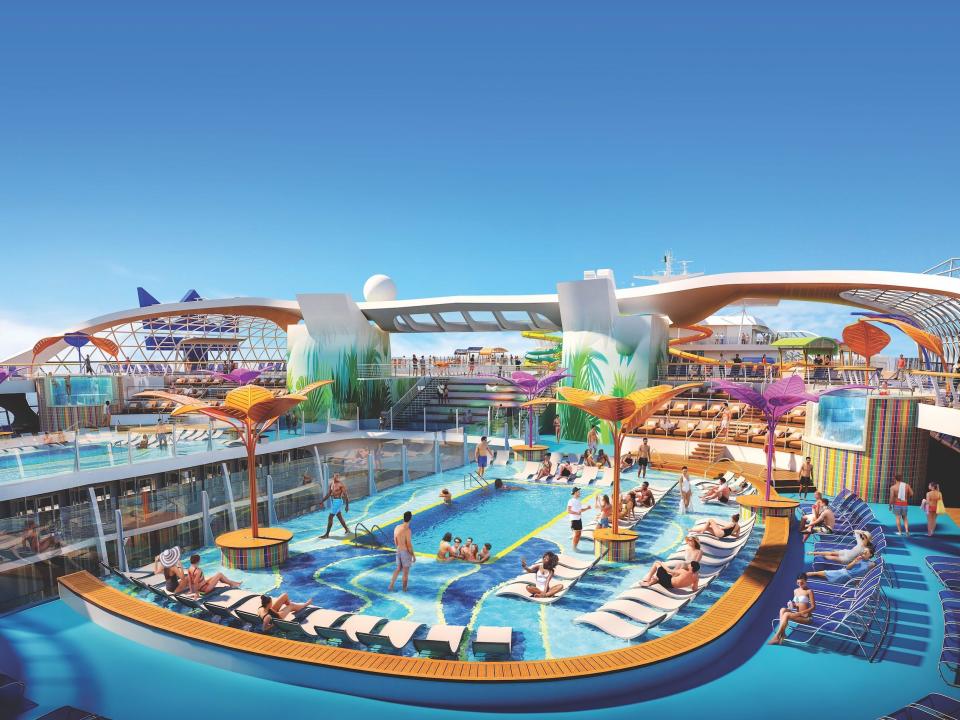 a rendering of people playing in and by the pool aboard the Wonder of the Seas