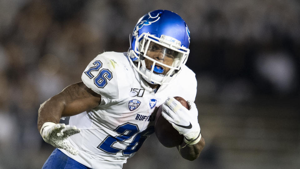 Buffalo running back Jaret Patterson (26) runs during an NCAA college football game in State College, Pa., on Saturday, Sept. 7, 2019. (AP Photo/Barry Reeger)