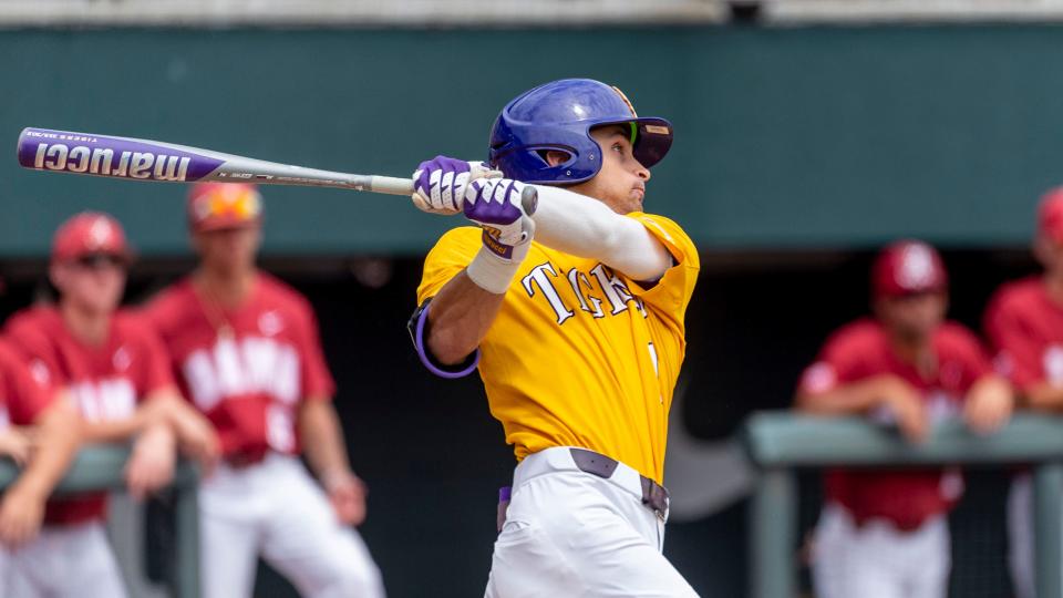 LSU outfielder Giovanni DiGiacomo drives the ball during an LSU at Alabama NCAA college baseball game, Sunday, April 28, 2019, in Tuscaloosa, Ala. (AP Photo/Vasha Hunt)