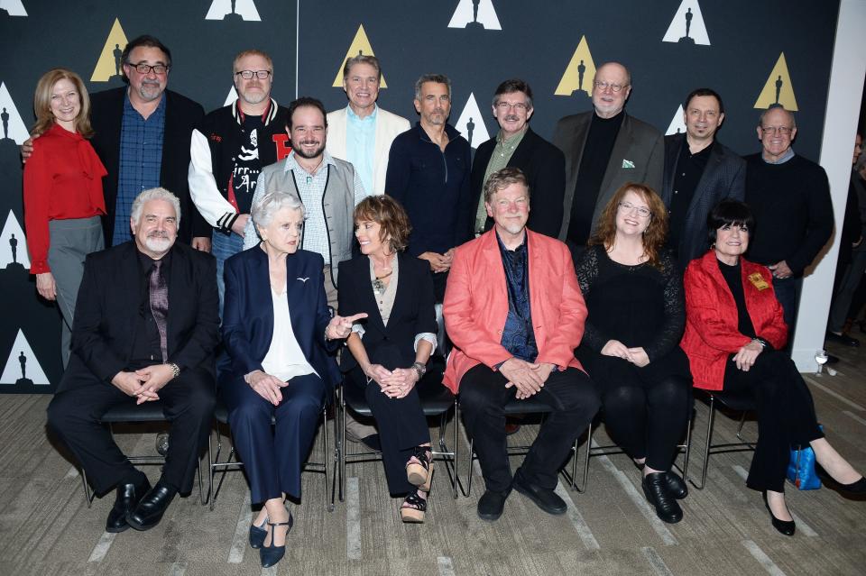 BEVERLY HILLS, CA - MAY 09:  (L-R Back Row) Producer Don Hahn (2nd L) director Gary Trousdale, actors Bradley Pierce, Richard White, Robby Benson, animator Mark Henn, actor David Ogden Stiers, animator Andreas Deja, (L-R Front Row) Jesse Corti, actors Angela Lansbury, Paige O'Hara, directors Roger Allers, Brenda Chapman, and actress Jo Anne Worley attend the 25th Anniversary screening of "Beauty and the Beast": A Marc Davis Celebration of Animation at Samuel Goldwyn Theater on May 9, 2016 in Beverly Hills, California.  (Photo by Matt Winkelmeyer/Getty Images) ORG XMIT: 634569865 ORIG FILE ID: 529916998
