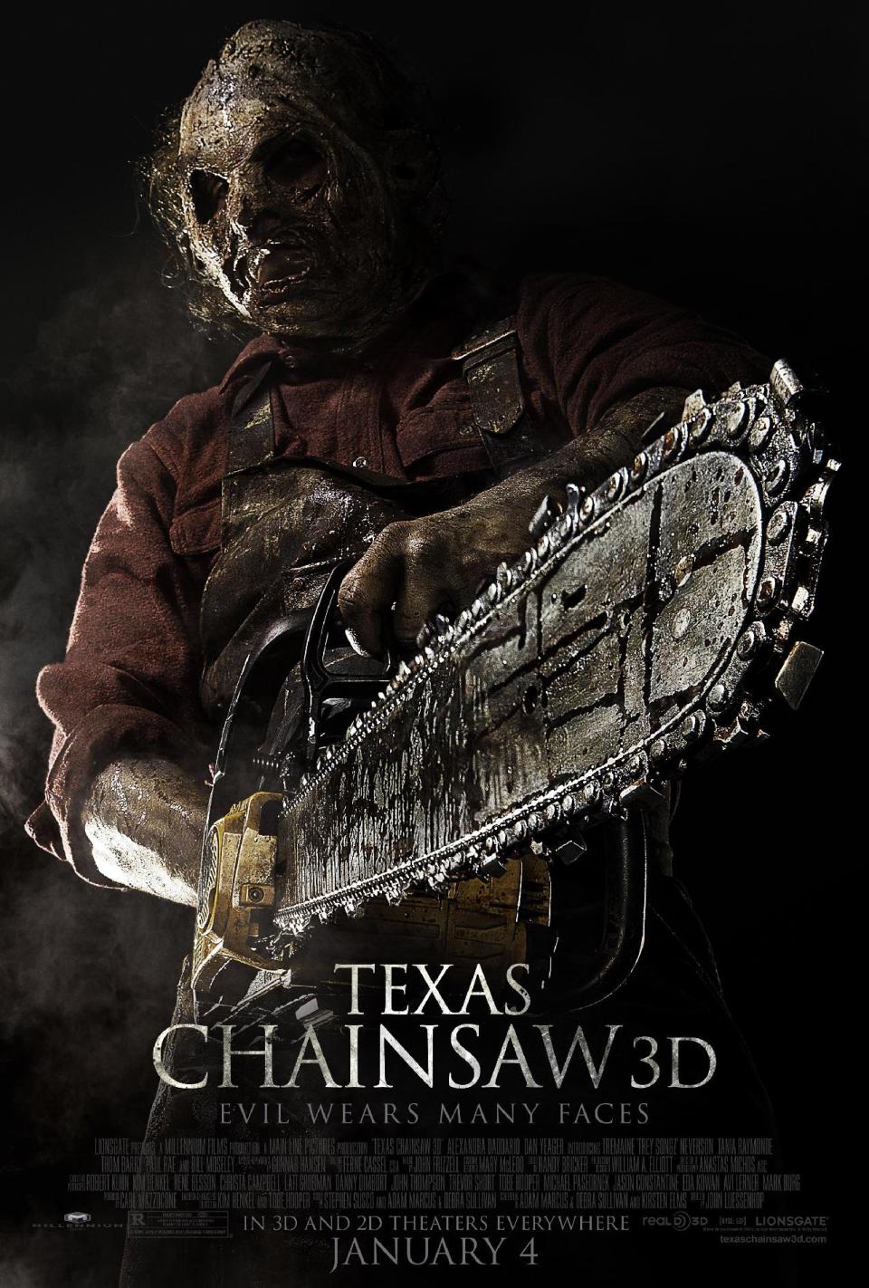 This undated publicity film image from Lionsgate shows theatrical key art for a poster from the movie, "Texas Chainsaw 3-D," releasing in theaters on Friday, January 4, 2013. (AP Photo/Lionsgate)