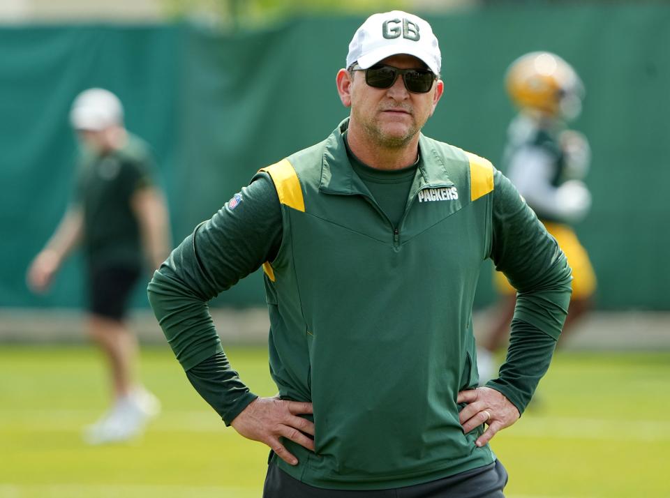 Green Bay Packers defensive coordinator Joe Barry is shown during organized team activities Tuesday, May 23, 2023 in Green Bay, Wis.