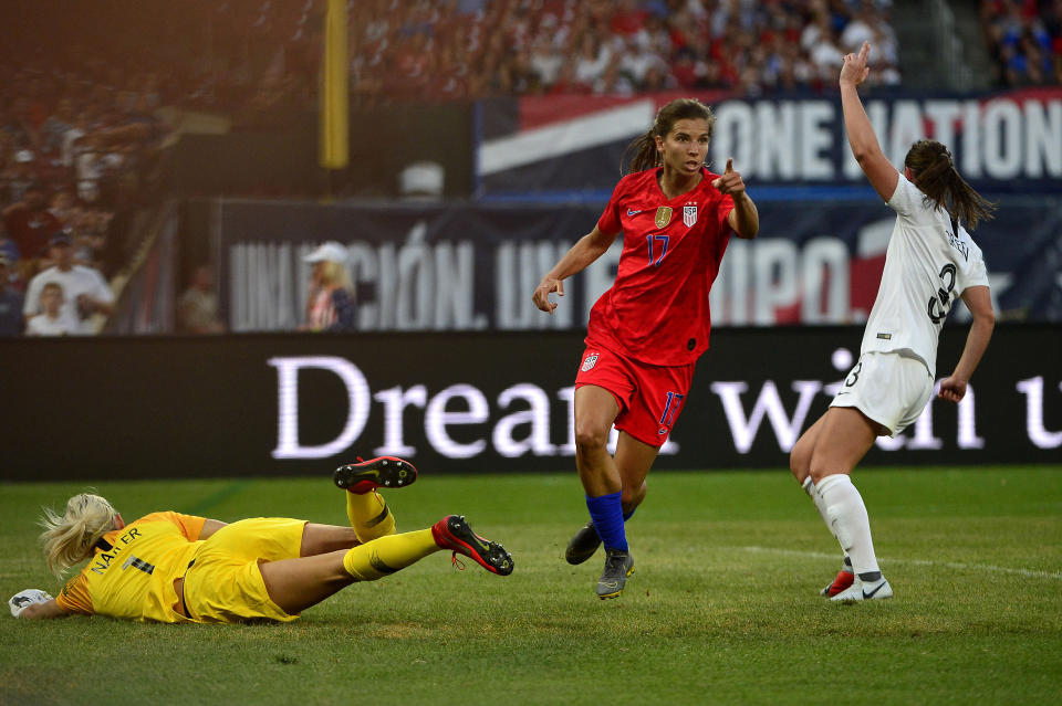 May 16, 2019; St. Louis , MO, USA; USA forward Tobin Heath (17) celebrates after scoring against New Zealand goalkeeper Erin Nayler (1) in the first half during a Countdown to the Cup Women's Soccer match at Busch Stadium. Mandatory Credit: Jeff Curry-USA TODAY Sports