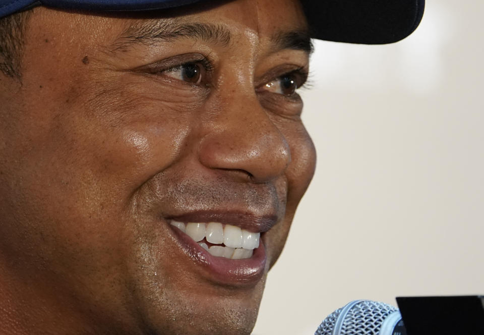 Tiger Woods of the United States answers a reporter's question during a news conference ahead of the Challenge: Japan Skins event at Accordia Golf Narashino C.C. in Inzai, Japan, Monday, Oct. 21, 2019. Tiger Woods will play at the Zozo Championship PGA Tour which will be held at Oct. 24-27. (AP Photo/Lee Jin-man)