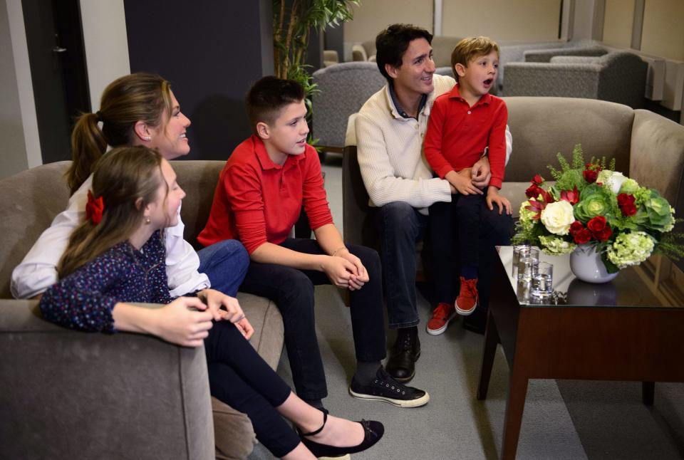 Liberal leader Justin Trudeau and wife Sophie Gregoire-Trudeau, and children Xavier, Ella-Grace and Hadrien (right) watch election results in Montreal on Monday Oct. 21, 2019. THE CANADIAN PRESS/Sean Kilpatrick