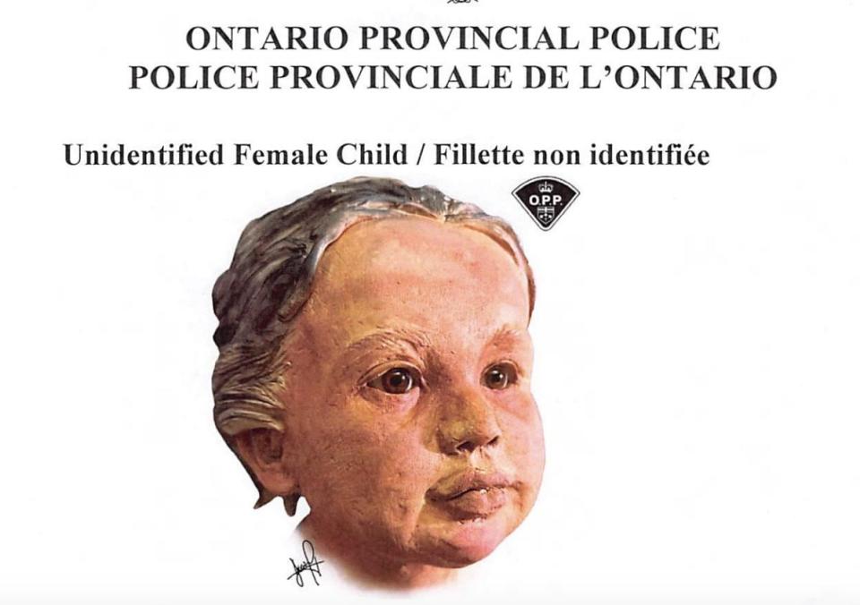 Ontario Provincial Police have issued this image which they have described as a "3D facial approximation" of a young girl whose body was found in the Grand River in 2022 near Dunnville, Ont. They are hoping the image will help identify her.