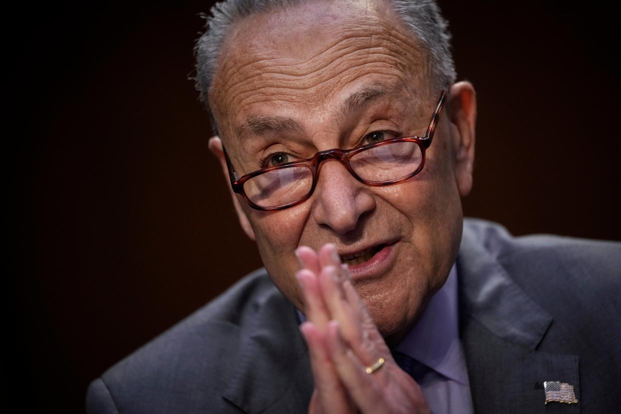 Senate Majority Leader Chuck Schumer (D-NY) speaks during a Senate Judiciary Committee hearing on judicial nominations on 9 June, 2021 in Washington, DC. Mr Schumer has apologised after using an outmoded term to describe children with disabilities. (Getty Images)