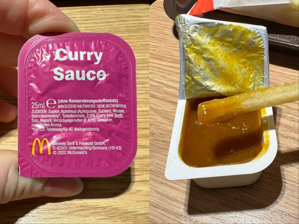 mcdonalds curry sauce packet side by side photos showing pink labeled rectangular packet closed and open packet with a french fry dipped in the dark orange sauce