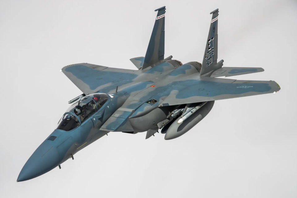 An F-15EX Eagle II from the 40th Flight Test Squadron, 96th Test Wing out of Eglin Air Force Base, Florida, flies in formation during an aerial refueling operation above the skies of Northern California in May 2021. <em>Air Force photo by Ethan Wagner</em><br>