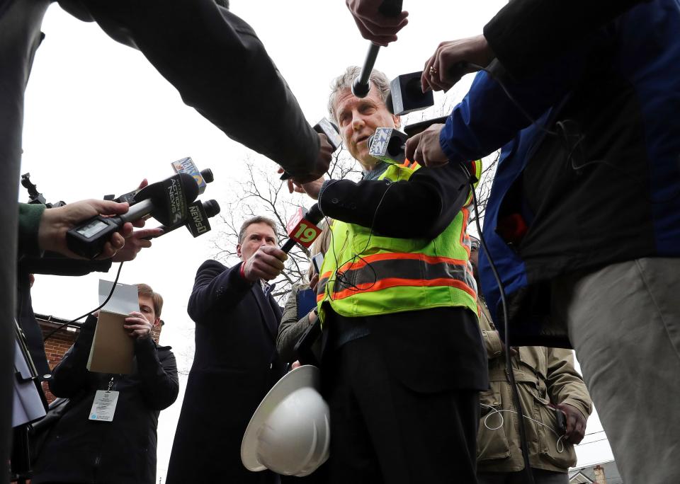 U.S. Sen. Sherrod Brown speaks to members of the media after the Feb. 3 train derailment, Thursday, Feb. 16, 2023, in East Palestine, Ohio.