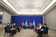 President Joe Biden meets with United Nations Secretary General Antonio Guterres at the Intercontinental Barclay Hotel during the United Nations General Assembly, Monday, Sept. 20, 2021, in New York. (AP Photo/Evan Vucci)