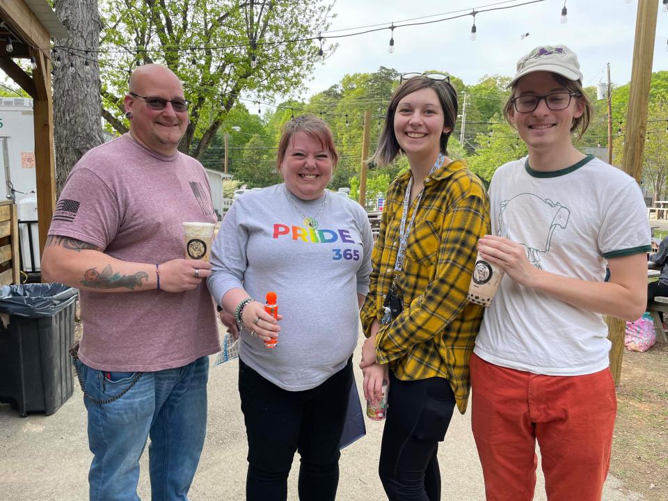 Jason Roberts, Shelia Bascomb, Louisa Rodan and Dylan Pollard are ready for a fun Bingo experience at the Knox Pride Bingo event at Hey Bear Café Tuesday, April 23, 2024.