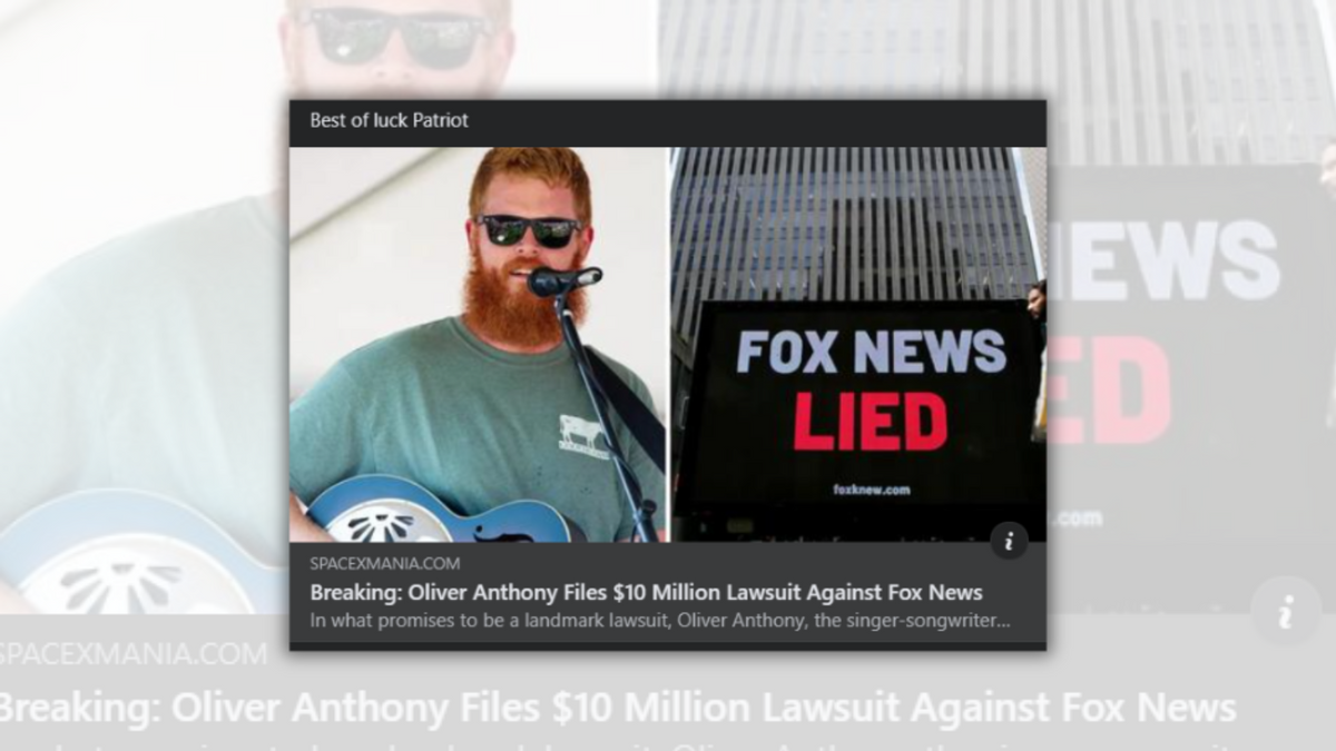 An article says Oliver Anthony filed $10 million lawsuit against Fox News. @SpaceX Lovers/Facebook