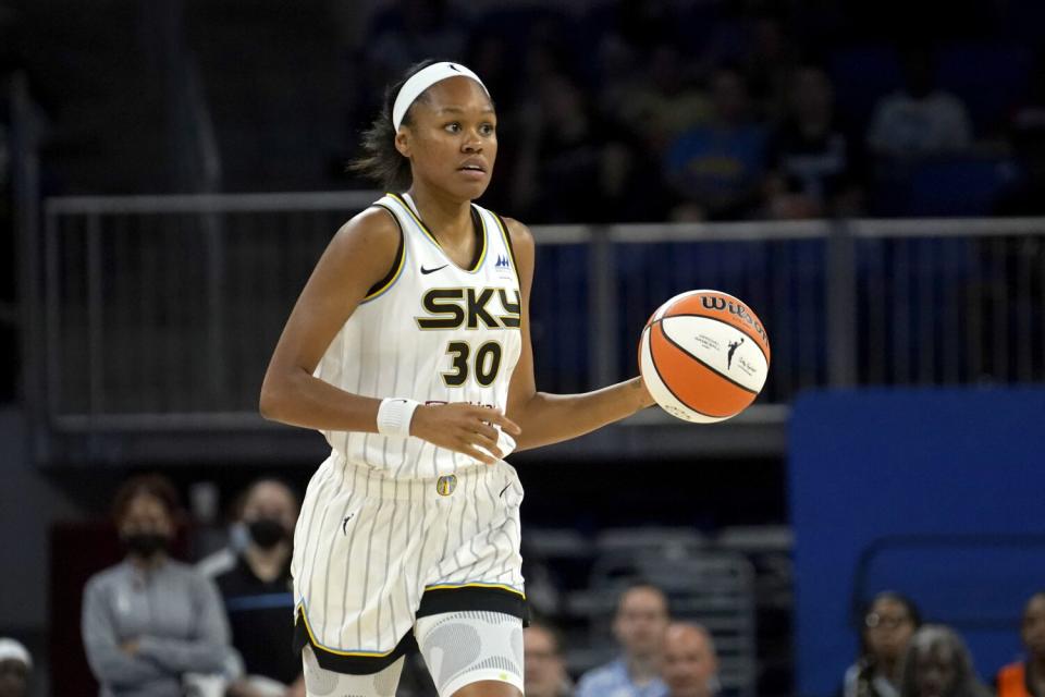 Chicago Sky&#39;s Azur&#xe1; Stevens dribbles the ball during a game against the Seattle Storm.