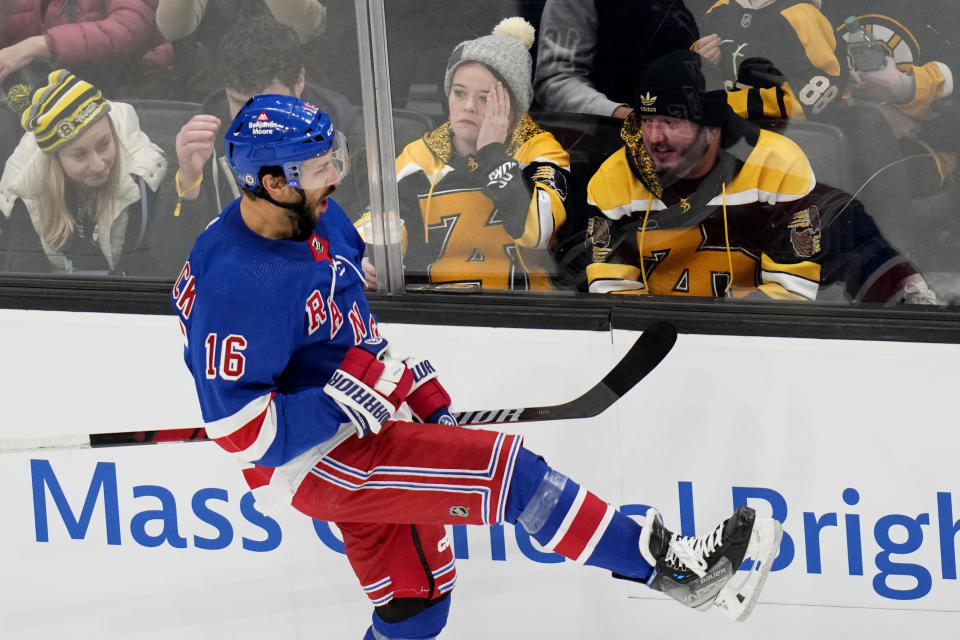 New York Rangers center Vincent Trocheck celebrates after his goal against Boston Bruins goaltender Jeremy Swayman during the third period of an NHL hockey game, Saturday, Dec. 16, 2023, in Boston. (AP Photo/Charles Krupa)