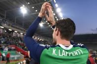 Football Soccer - Northern Ireland v Belarus - International Friendly - Windsor Park, Belfast, Northern Ireland - 27/5/16 Northern Ireland's Kyle Lafferty applauds their fans before they leave for Euro 2016 Reuters / Clodagh Kilcoyne