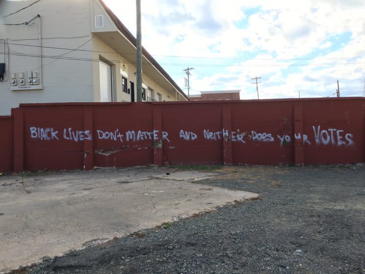 “Black lives don’t matter and neither does your votes,” was spray-painted across a wall in Durham, North Carolina. (Photo: Derrick Lewis via Twitter)