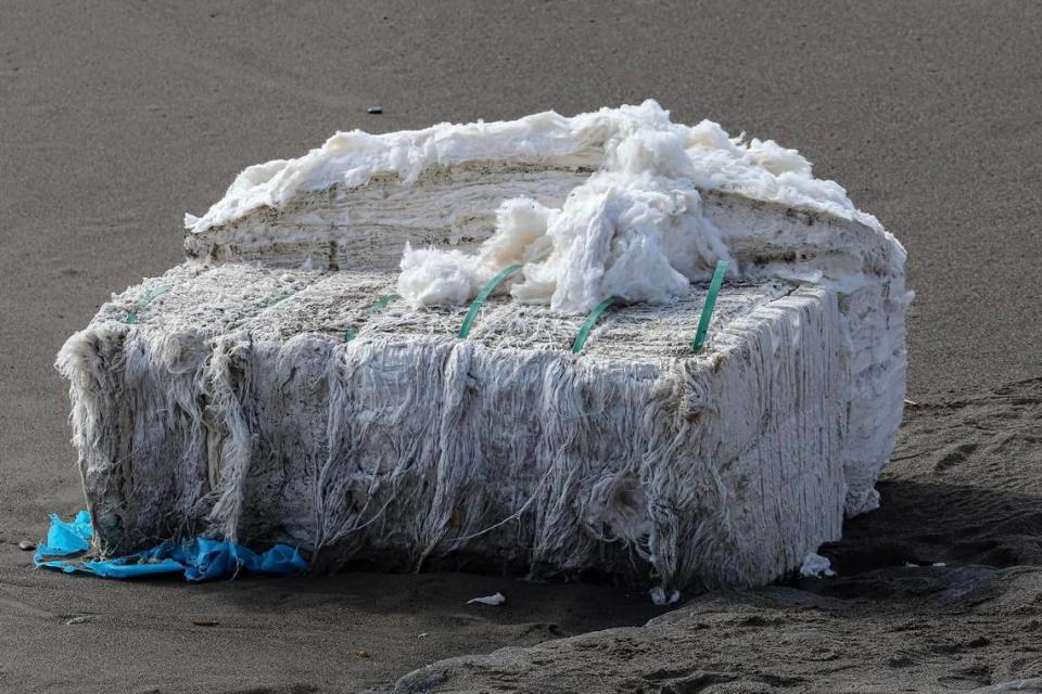 Bales of cotton wrapped in blue plastic washed up on San Luis Obispo County shoes on Sunday, March 3, 2024, including at elephant sea beaches near San Simeon. Danna Dykstra-Coy/dannajoyimages.com