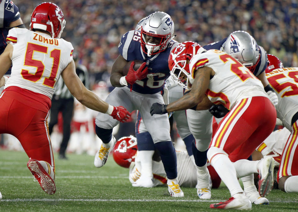 New England Patriots running back Sony Michel (26) scores a touchdown against the Kansas City Chiefs during the first half of an NFL football game, Sunday, Oct. 14, 2018, in Foxborough, Mass. (AP Photo/Michael Dwyer)