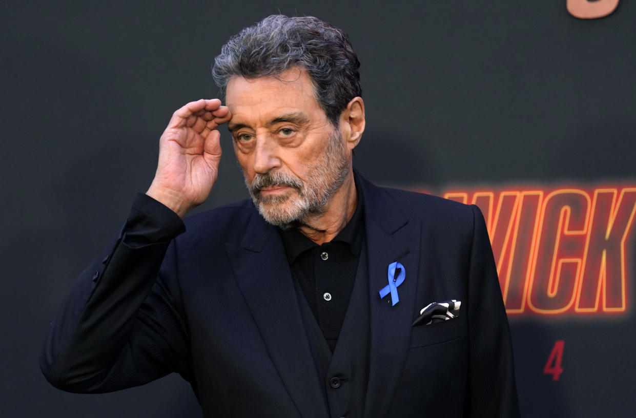 Ian McShane, a cast member in "John Wick: Chapter 4," poses at the premiere of the film, Monday, March 20, 2023, at the TCL Chinese Theatre in Los Angeles. (AP Photo/Chris Pizzello)