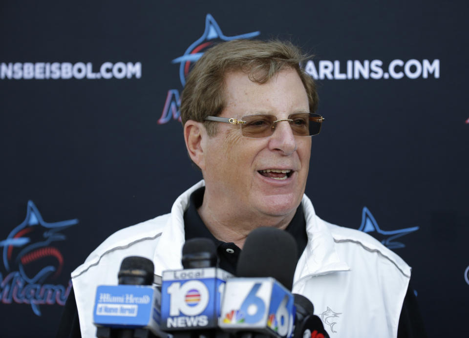 Miami Marlins majority owner Bruce Sherman talks to the media during the first full-squad spring training baseball workout Monday, Feb. 17, 2020, in Jupiter, Fla. (David Santiago/Miami Herald via AP)