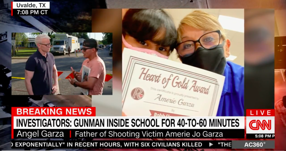 Anderson Cooper and Angel Garza talk about how Amerie, his 10-year-old daughter, had just recently made the honour roll at Robb Elementary School. (Twitter/CNN)