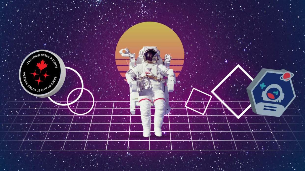  A stylized graphic of an astronaut floating in front of a purple background with stars. two logos are represented on the side. on the left is the canadian space agency logo. on the right is an astronaut with a plus sign and a saturn picture. 