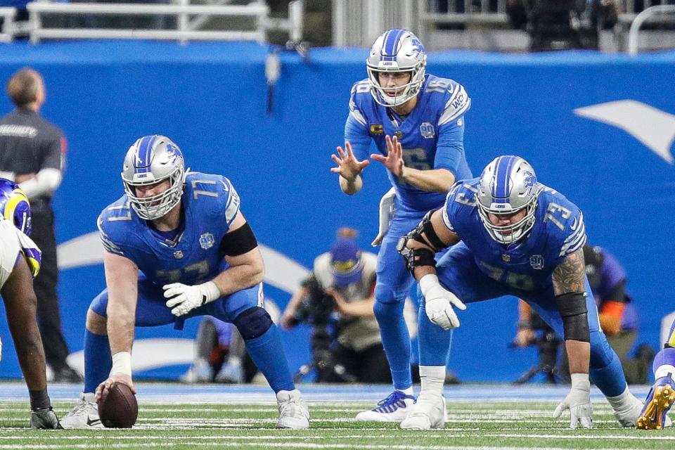 Detroit Lions quarterback Jared Goff (16) calls for a snap against the L.A. Rams during the second half of the NFL wild-card playoff game at Ford Field in Detroit on Sunday, Jan, 14, 2024.