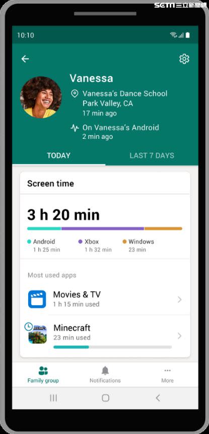 Ｍicrosoft Family Safety 結合螢幕使用時間管理、定位追蹤服務、駕駛報告與設備使用限制等功能。（圖／台灣微軟提供）