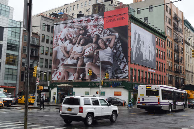 A Calvin Klein billboard and Equinox bulletin in Soho, New York City. Photo: Courtesy of Outfront Media