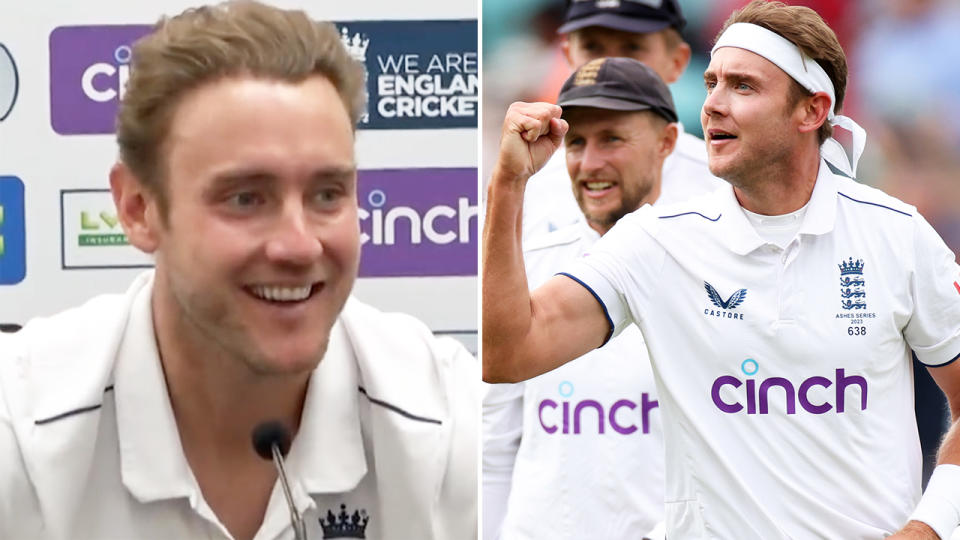 Stuart Broad announces his retirement at a press conference on the left, and is seen celebrating a wicket on the right.