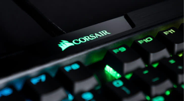 Image of Corsair Gaming (CRSR) logo on a light up keyboard.