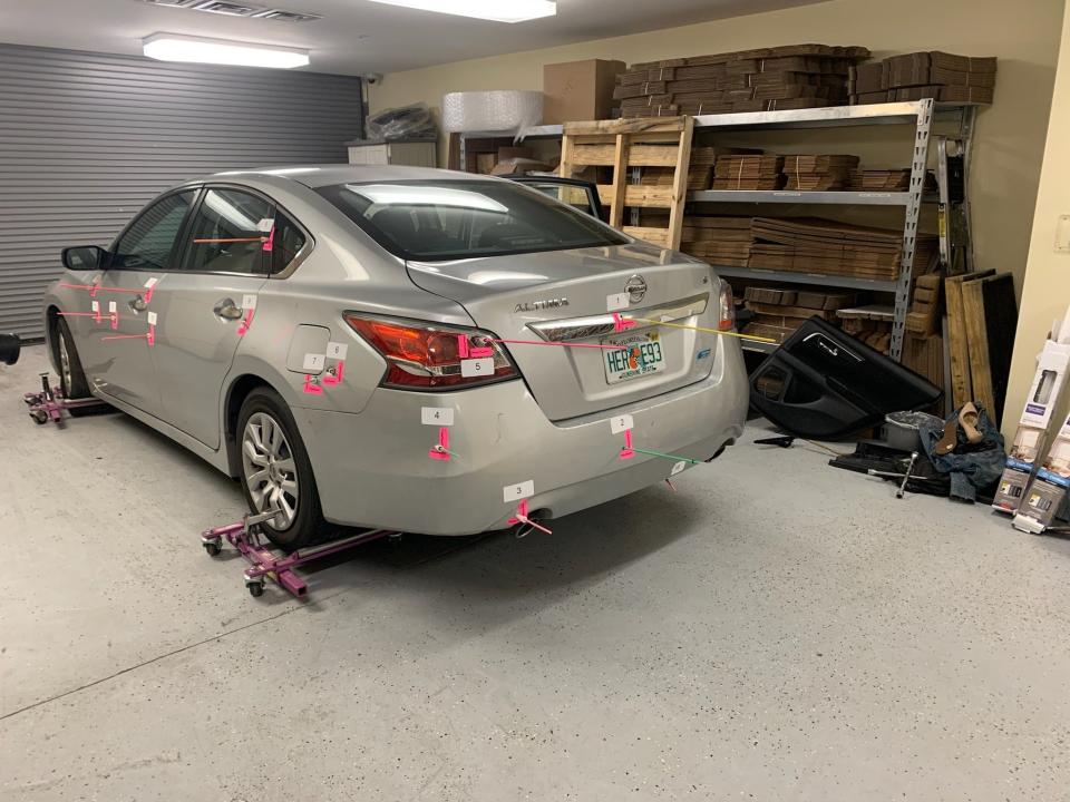 A photo of Juana Arano's car shows the 17 bullet holes identified by Walton County Sheriff's Office investigators. Four people have been charged in the Jan. 10, 2021, shooting that paralyzed Arano from the chest down.