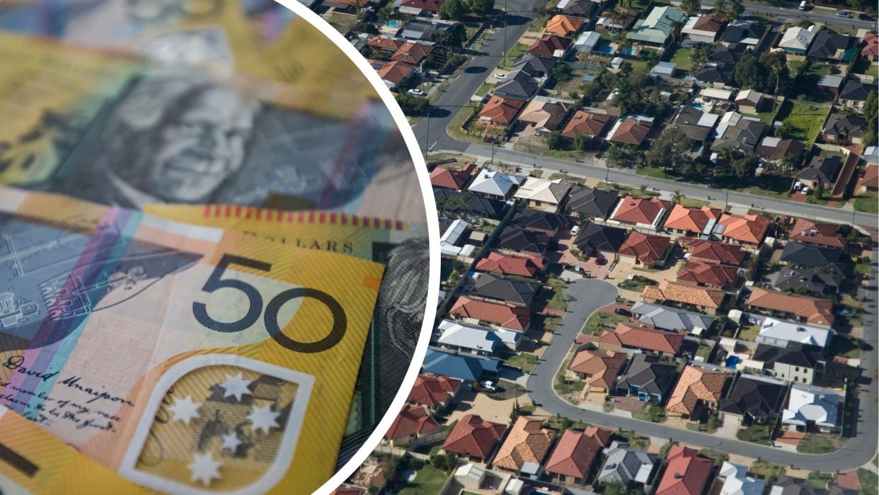 Australian $50 notes, Australian houses from aerial view.