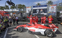 Huski Chocolate Chip Ganassi Racing driver Marcus Ericsson joins teammates in Victory Lane after winning the Grand Prix of St. Petersburg auto race Sunday, March 5, 2023, in St. Petersburg, Fla. (AP Photo/Steve Nesius)