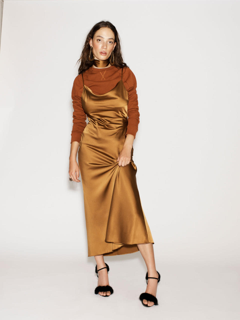 We love this silk dress over knit look. It’s très glam, yet casual. 