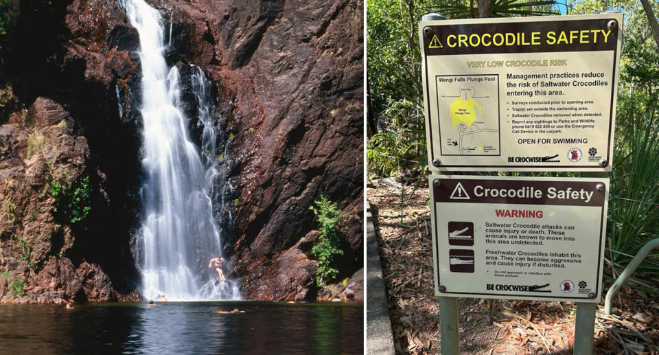 Wangi Falls in Litchfield National Park (left), and crocodile signs at the falls (right)