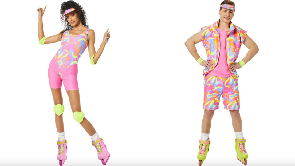 Barbie Roller Couple Costumes, man and woman wearing pink spandex barbie and ken costume roller blades
