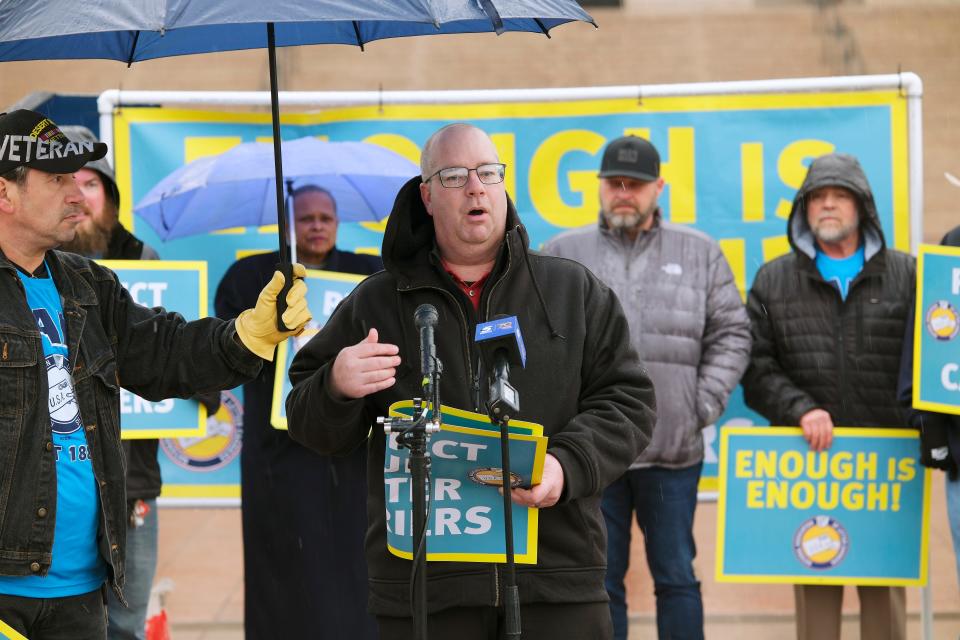 Jeremiah Grant, local letter carrier who was robbed at gunpoint, tells of his ordeal at a press conference on the south plaza of the Oklahoma Capitol, Thursday, Feb. 29, 2024.